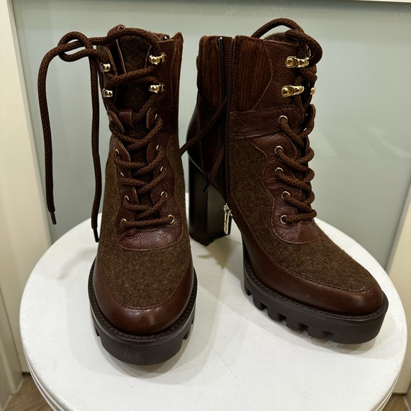 ANTONIO MELANI Brown Leather and Fabric Heeled Boots 3.5 inch heel - Picture 5 of 7